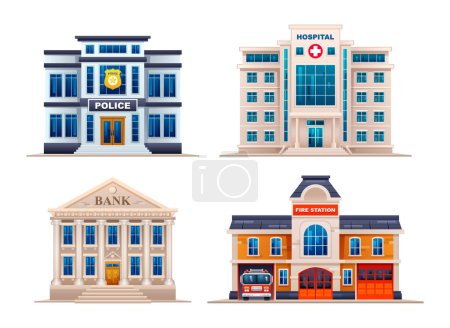 Illustration for Set of city buildings. Police station, hospital, bank and fire station. Vector illustration - Royalty Free Image