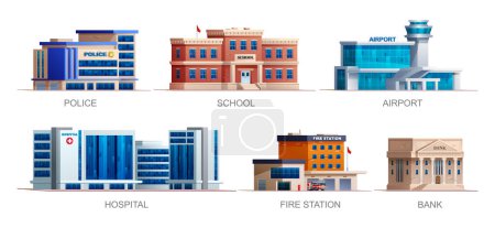 Illustration for Set of city buildings. Police station, school, airport, hospital, fire station and bank. Vector illustration - Royalty Free Image