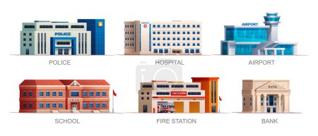 Ilustración de Conjunto de edificios urbanos. Estación de policía, hospital, aeropuerto, escuela, estación de bomberos y banco. Ilustración vectorial - Imagen libre de derechos