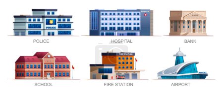 Illustration for Set of city buildings. Police station, hospital, bank, school, fire station and airport. Vector illustration - Royalty Free Image