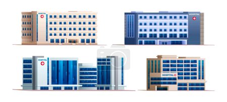 Ilustración de Conjunto de edificios del hospital. Ilustración de dibujos animados vectoriales aislados sobre fondo blanco - Imagen libre de derechos