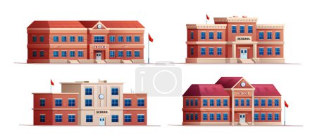 Ilustración de Conjunto de edificios escolares. Ilustración de dibujos animados vectoriales aislados sobre fondo blanco - Imagen libre de derechos
