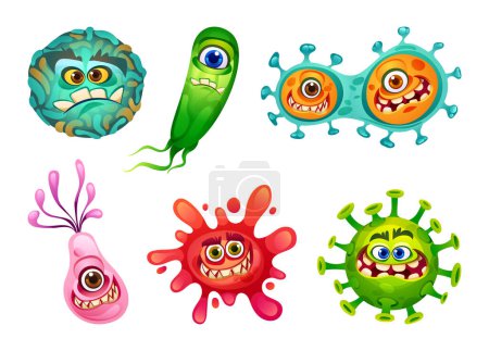 Ilustración de Conjunto de virus, bacterias y gérmenes personaje de dibujos animados con caras divertidas. Enfermedad celular microscópica, bacteria y microorganismo. Ilustración vectorial - Imagen libre de derechos