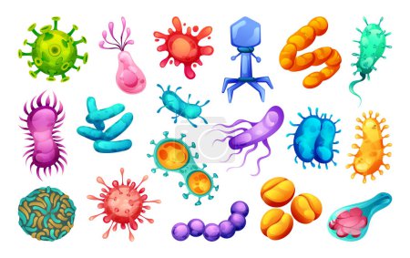 Téléchargez les illustrations : Ensemble de bactéries, virus et germes. Maladie cellulaire microscopique, bactérie et micro-organisme. Illustration vectorielle - en licence libre de droit