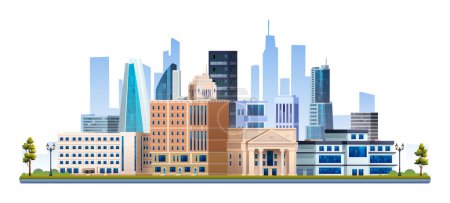 Illustration for Modern city buildings with trees vector illustration. Cityscape isolated on white background - Royalty Free Image