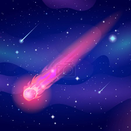 Illustration for Comet falls with speed trail in the sky space. Asteroid or meteorite flying in night sky. Vector cartoon illustration - Royalty Free Image