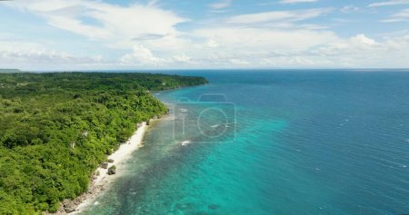 Foto de Hermosa playa de arena en una isla tropical con abundantes árboles verdes junto con una pequeña formación rocosa en la orilla. - Imagen libre de derechos