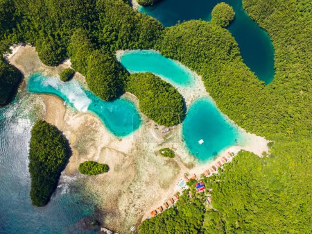 Photo for Top view of Lagoon pool landsape with white coastal. Transparent turquoise sea water. Bucas Grande Island. Mindanao, Philippines. - Royalty Free Image