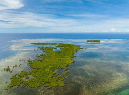 Foto de Manglares con lagunas e isla tropical con agua turquesa. Arrecifes de coral y olas marinas. Mindanao, Filipinas. - Imagen libre de derechos