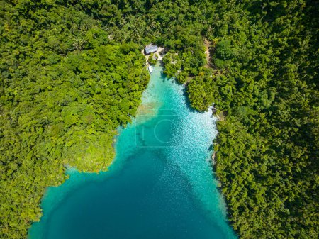Photo for Top down view of Turquoise water and Rainforest of Tropical Island. Bucas Grande Island. Mindanao, Philippines. - Royalty Free Image