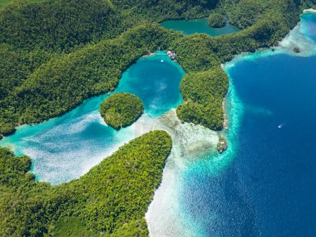 Photo for Rainforest and Lagoons in Sohoton Cove from top. Turquoise lagoon surface on atoll and coral reef. Surigao del Norte. Mindanao, Philippines. - Royalty Free Image