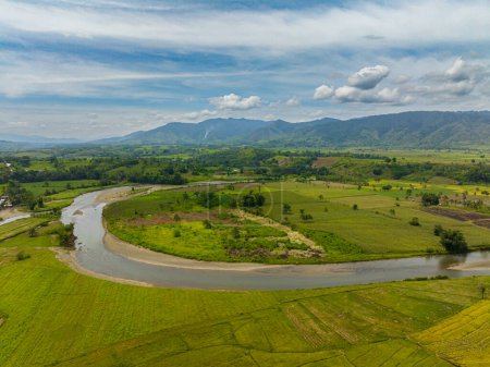 Reisfelder, Reisfelder und Flussufer. Blauer Himmel und Wolken. Mindanao, Philippinen.