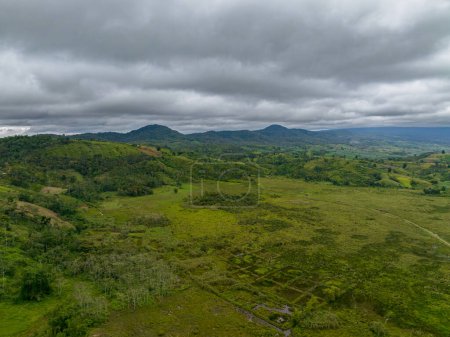 Berglandschaft: Grüner Wald und Pflanzen. Blauer Himmel und Wolken. Mindanao, Philippinen.