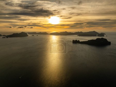 Sunset and dusky clouds over the group of Islands in El Nido, Palawan. Philippines.