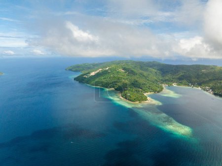 Aerial view of Blue sea around Romblon Island. Blue sky and clouds. Romblon, Philippines.