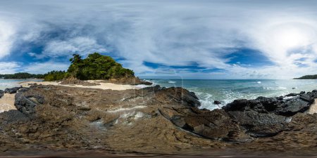 Ocean waves splashing over the rocks on coastal area in Santa Fe, Romblon. Philippines. VR 360.