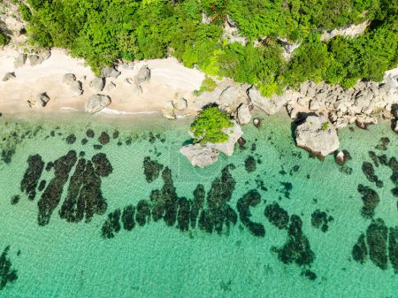 Île de Carabao avec des roches sur sable blanc. Vagues océaniques et eau de mer verdâtre. San José, Romblon. Philippines.
