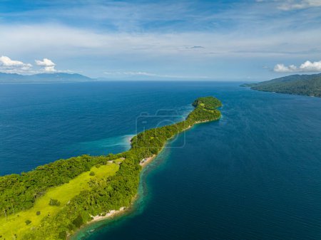 Isla tropical con bosque verde y costa rocosa. Isla Ligid en Samal, Davao. Filipinas.