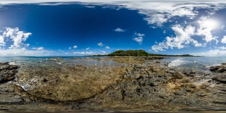Tropical ocean waves over corals and rocks in beach. Santa Fe, Romblon. Philippines. VR 360.