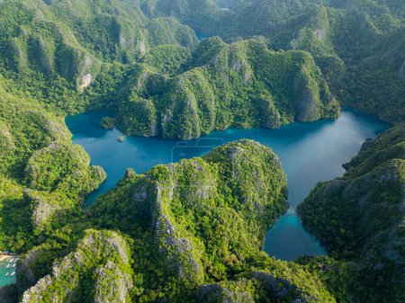 Paisaje tropical de lago de montaña con rocas calizas. Lago Kayangan. Coron, Palawan. Filipinas.