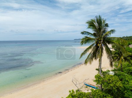 Coastline with coconut trees and white sandy beach with clear ocean waves. Santa Fe, Tablas, Romblon. Philippines.
