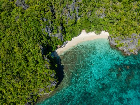 Sable blanc et eau claire turquoise avec coraux dans la plage de Serenity. L'île Cadlao. El Nido, Palawan. Philippines.