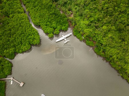 Aerial view of mangroves and abandoned plane wreck in Concepcion, Busuanga. Palawan. Philippines.