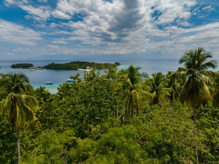 Panorama view of tropical island with trees in Samal. Davao, Philippines.