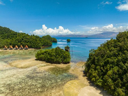 Top view of beach resort with lagoon. Sohoton Cove. Seascape. Bucas Grande Island. Mindanao, Philippines.