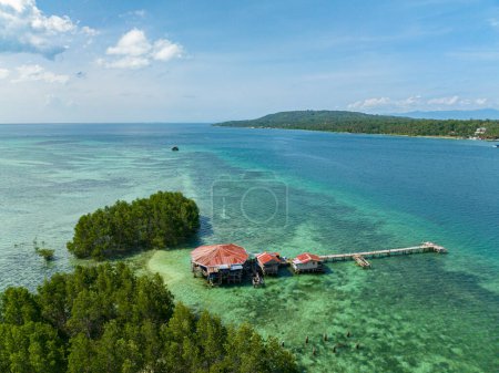 Vanishing Island with mangroves and corals. Turquoise water and waves. Samal, Davao. Philippines.
