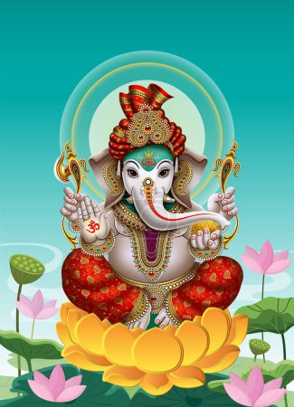Foto de Señor Ganesh Ilustración de colores y sentarse sobre fondo de flor de loto hindú Señor Ganesha sobre fondo decorativo. Dios indio ganesha, Ganpati - Imagen libre de derechos