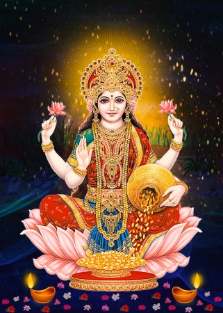 Photo for Lord Indian God Laxmi Mata di illustration sunrise background. Maa Lakshmi devi - Royalty Free Image