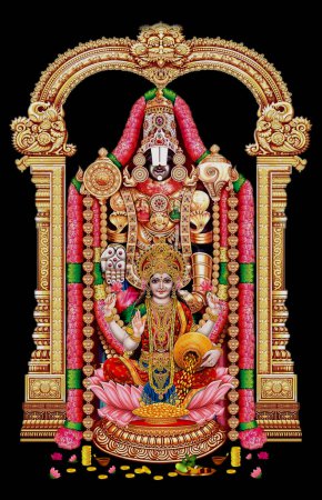 Foto de Dios hindú Tirupati venkatachalapathy. El dios indio Balaji con laxmi mata. Tirupati Balaji dios hindú - Protector - Imagen libre de derechos