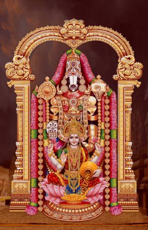 Foto de Señor Tirupati BalaJi con fondo de pantalla de colores, Dios Tirupati Balaji diseño de póster, Bhagwan Vishnu. dios indio Balaji con laxmi mata. - Imagen libre de derechos