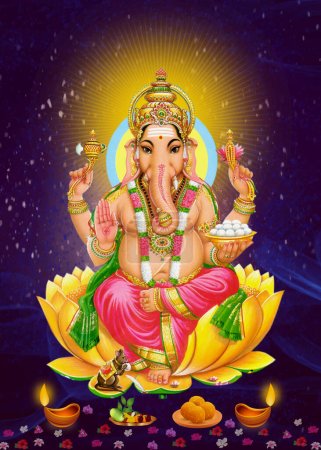 Foto de Ganpati, Señor Ganesh Ilustración de colorido señor hindú Ganesha sobre fondo decorativo. Dios indio ganesha - Imagen libre de derechos