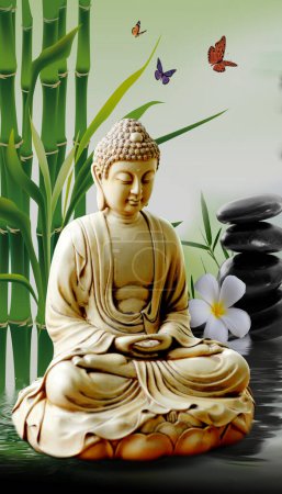 Photo for Buddha meditating with bamboo tree background - Royalty Free Image