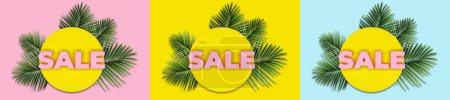 Photo for Bright juicy summer icon with the inscription sale. Round yellow podium background with the inscription SALE is decorated with palm branches. Stopper or banner for marketing. - Royalty Free Image