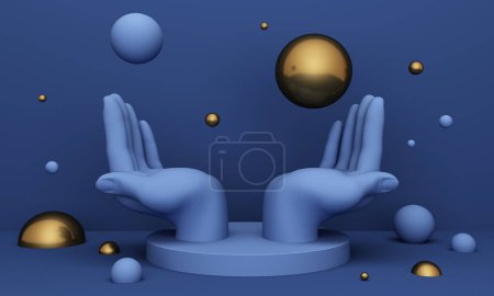 Photo for 3d render. Blue pastel background abstraction with hands and balls. - Royalty Free Image