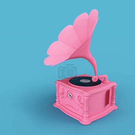 Photo for Pink gramophone on a blue background. Retro gramophone with record. 3d icon - Royalty Free Image