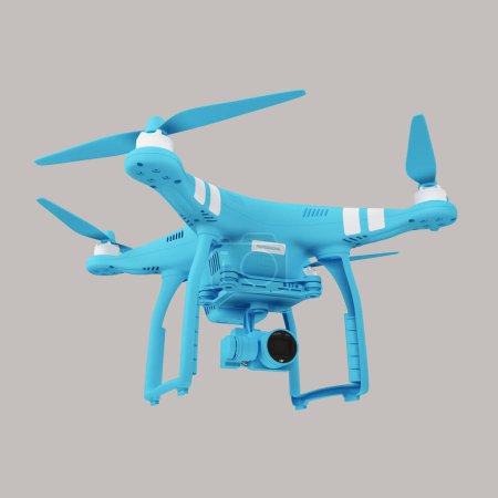 Foto de Un dron moderno imaginario. Cuadróptero de plástico azul sobre fondo neutro. Un vehículo aéreo no tripulado con cuatro hélices giratorias tiene una cámara de video incorporada. Imagen 3D realista, renderizado 3d - Imagen libre de derechos