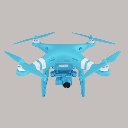 Foto de Un dron moderno imaginario. Cuadróptero de plástico azul sobre fondo neutro. Un vehículo aéreo no tripulado con cuatro hélices giratorias tiene una cámara de video incorporada. 3d render. Imagen 3D realista, - Imagen libre de derechos