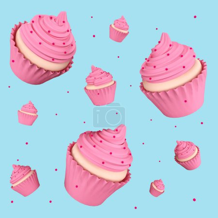 Téléchargez les photos : Modèle de fond de cupcakes roses sur un fond bleu. 3d fond doux - en image libre de droit