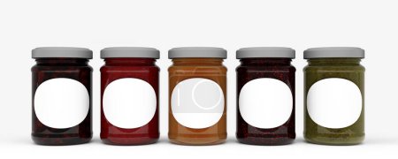 Foto de Maqueta de renderizado 3d para la etiqueta del frasco de mermelada. 5 frascos de vidrio de mermelada con etiquetas - Imagen libre de derechos