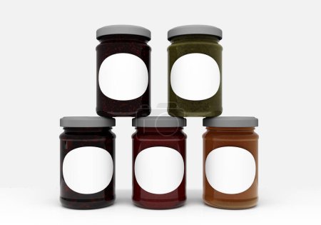 Photo for 3d render mockup for jam jar label.5 glass jars of jam with label . Jar pyramid - Royalty Free Image