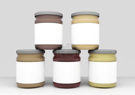 Photo for 3d render mockup for honey jar label.Five jars of honey with labels. - Royalty Free Image