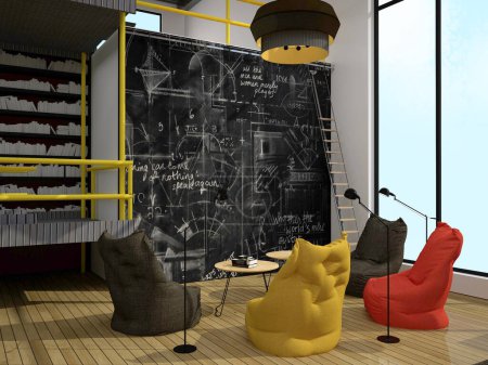 Photo for Coworking. Modern presentation area in a coworking space. Area for negotiations. Collaboration zone. Stylish design in an industrial building. Media library. 3d render. - Royalty Free Image