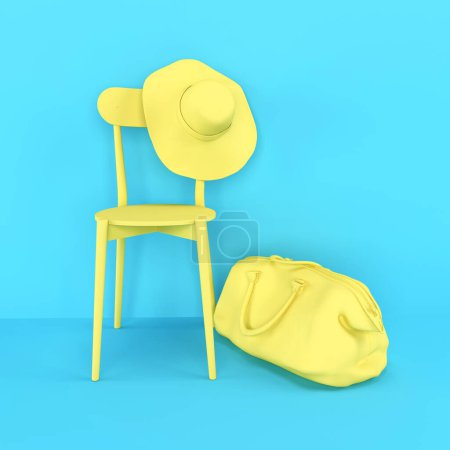 Foto de Interior 3D brillante. Silla amarilla con sombrero, una bolsa de viaje junto a la silla contra una pared azul. Muebles 3d. Icono de muebles. representación 3d para página web, presentación o fondo de imagen - Imagen libre de derechos