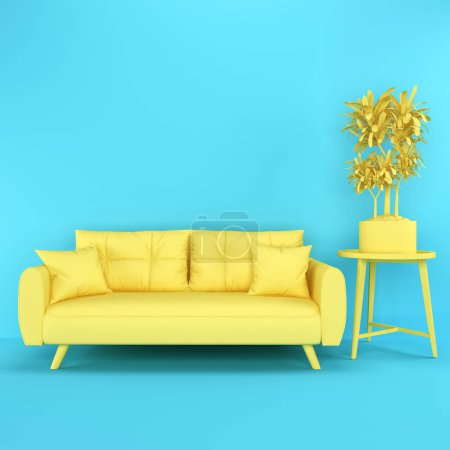 Foto de Interior 3D brillante. Un sofá amarillo y una flor interior sobre una mesa redonda contra una pared azul. Muebles 3d. Icono de muebles. representación 3d para página web, presentación o fondo de imagen - Imagen libre de derechos