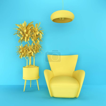 Foto de Interior 3D brillante. Un sillón suave amarillo, una flor interior en un soporte y una lámpara de techo contra una pared azul. Muebles 3d. Icono de muebles. representación 3d para página web, presentación o imagen backgro - Imagen libre de derechos