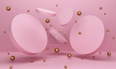Foto de Fondo rosa del círculo geométrico 3d con bolas de oro alrededor. Formas geométricas flotantes caóticas. Antecedentes para publicidad. 3d renderizar - Imagen libre de derechos